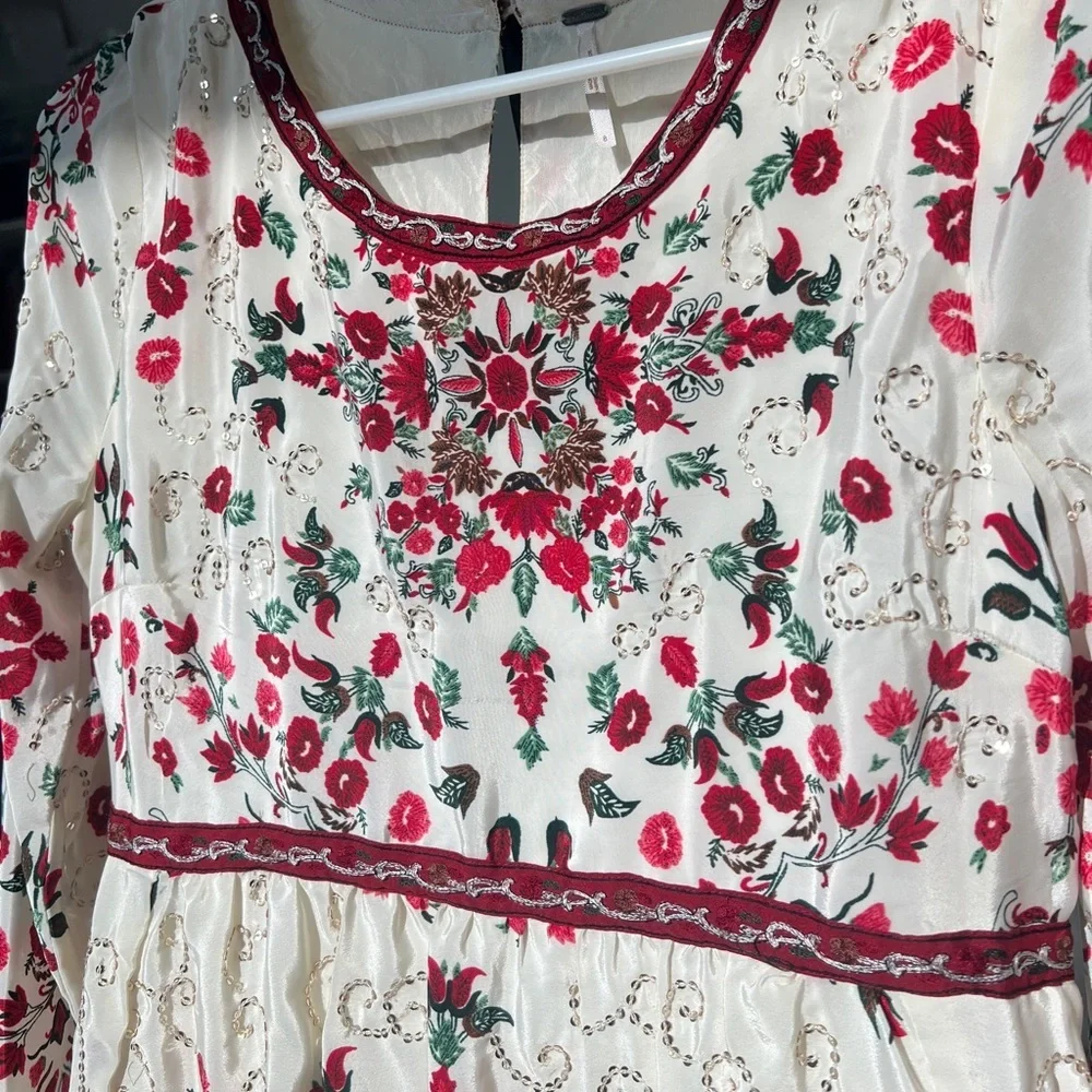 Free People Red Floral Embroidered Long Sleeve Dress - Size 8 - Picture 10 of 11